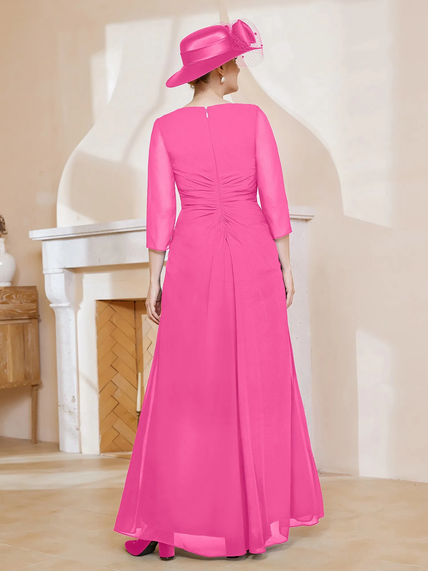 3/4-Length Sleeves V-neck Pleated Long Dress Azalea