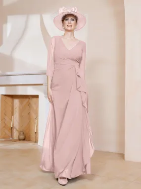 3/4-Length Sleeves V-neck Pleated Long Dress Dusty Rose