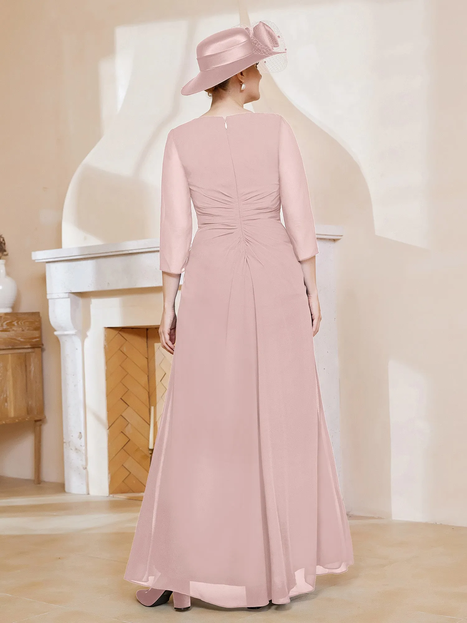 3/4-Length Sleeves V-neck Pleated Long Dress Dusty Rose