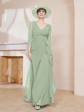 3/4-Length Sleeves V-neck Pleated Long Dress Dusty Sage