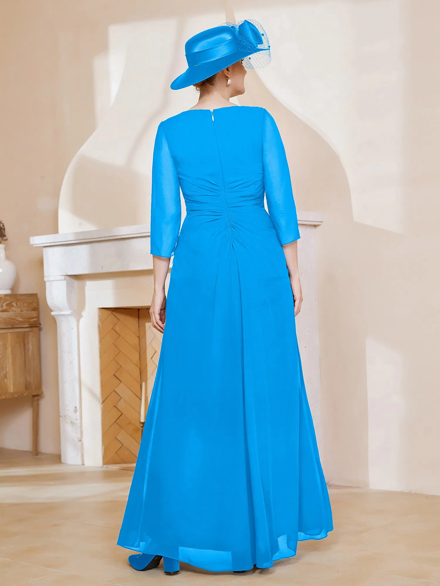 3/4-Length Sleeves V-neck Pleated Long Dress Ocean Blue