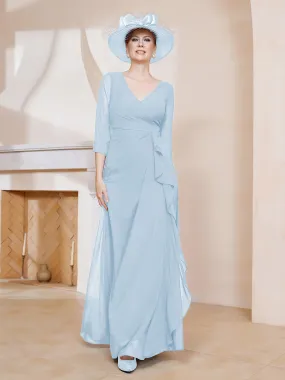 3/4-Length Sleeves V-neck Pleated Long Dress Sky Blue