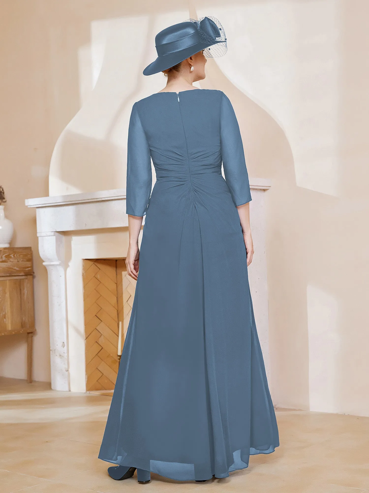 3/4-Length Sleeves V-neck Pleated Long Dress Slate Blue