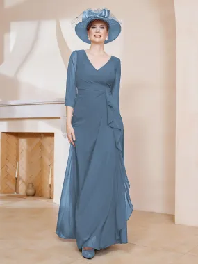 3/4-Length Sleeves V-neck Pleated Long Dress Slate Blue