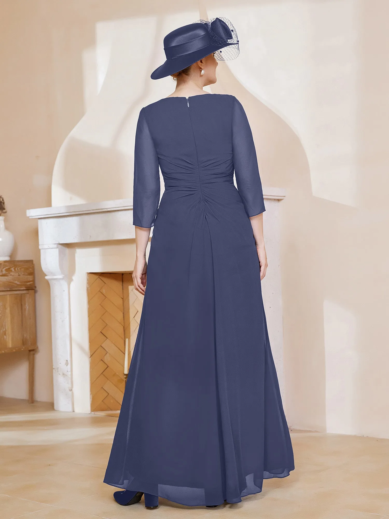 3/4-Length Sleeves V-neck Pleated Long Dress Stormy