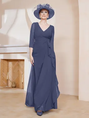 3/4-Length Sleeves V-neck Pleated Long Dress Stormy