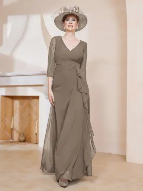 3/4-Length Sleeves V-neck Pleated Long Dress Taupe