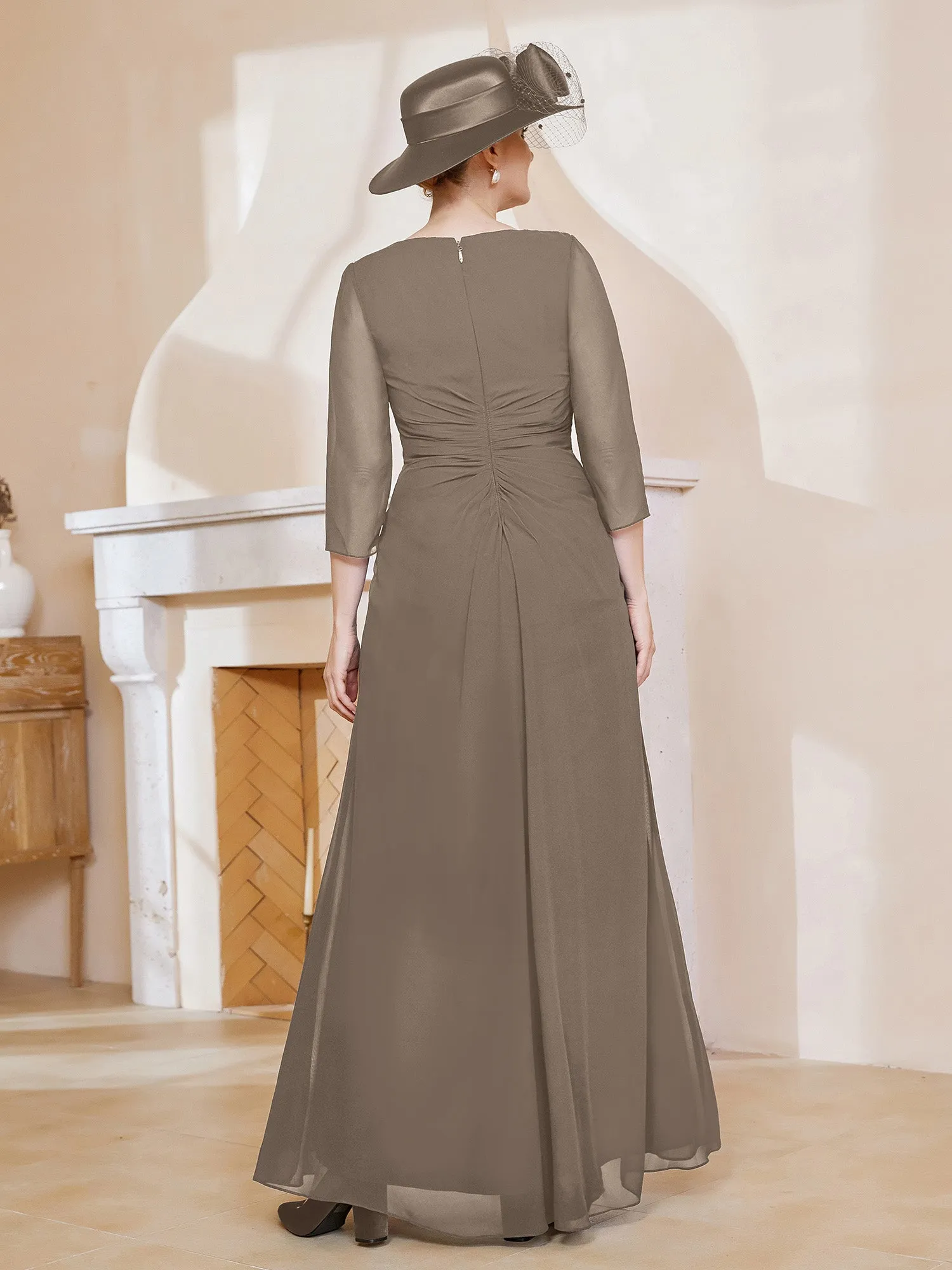 3/4-Length Sleeves V-neck Pleated Long Dress Taupe