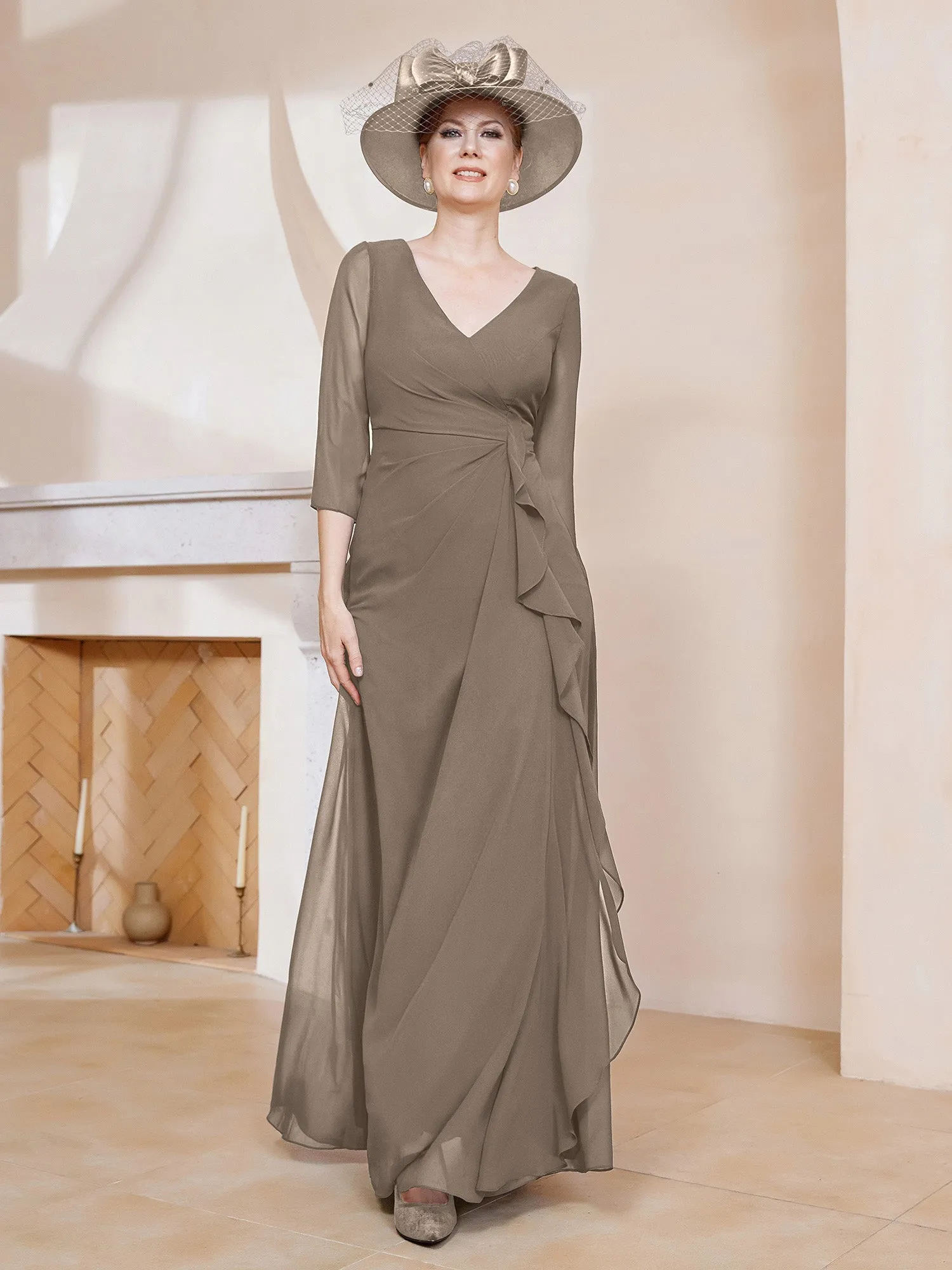 3/4-Length Sleeves V-neck Pleated Long Dress Taupe