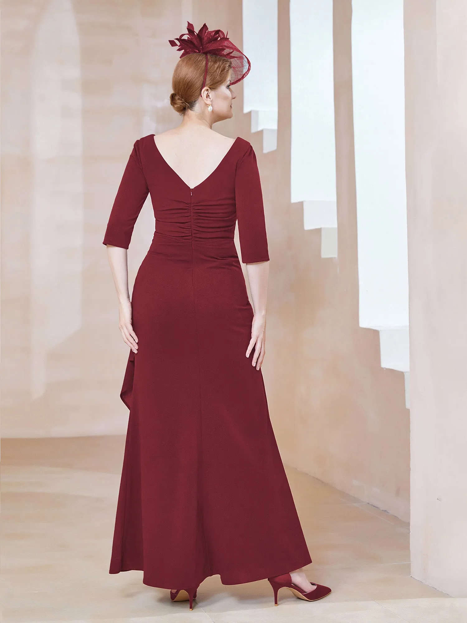 A-line Floor-Length Chiffon Pleated Dress Burgundy Plus Size