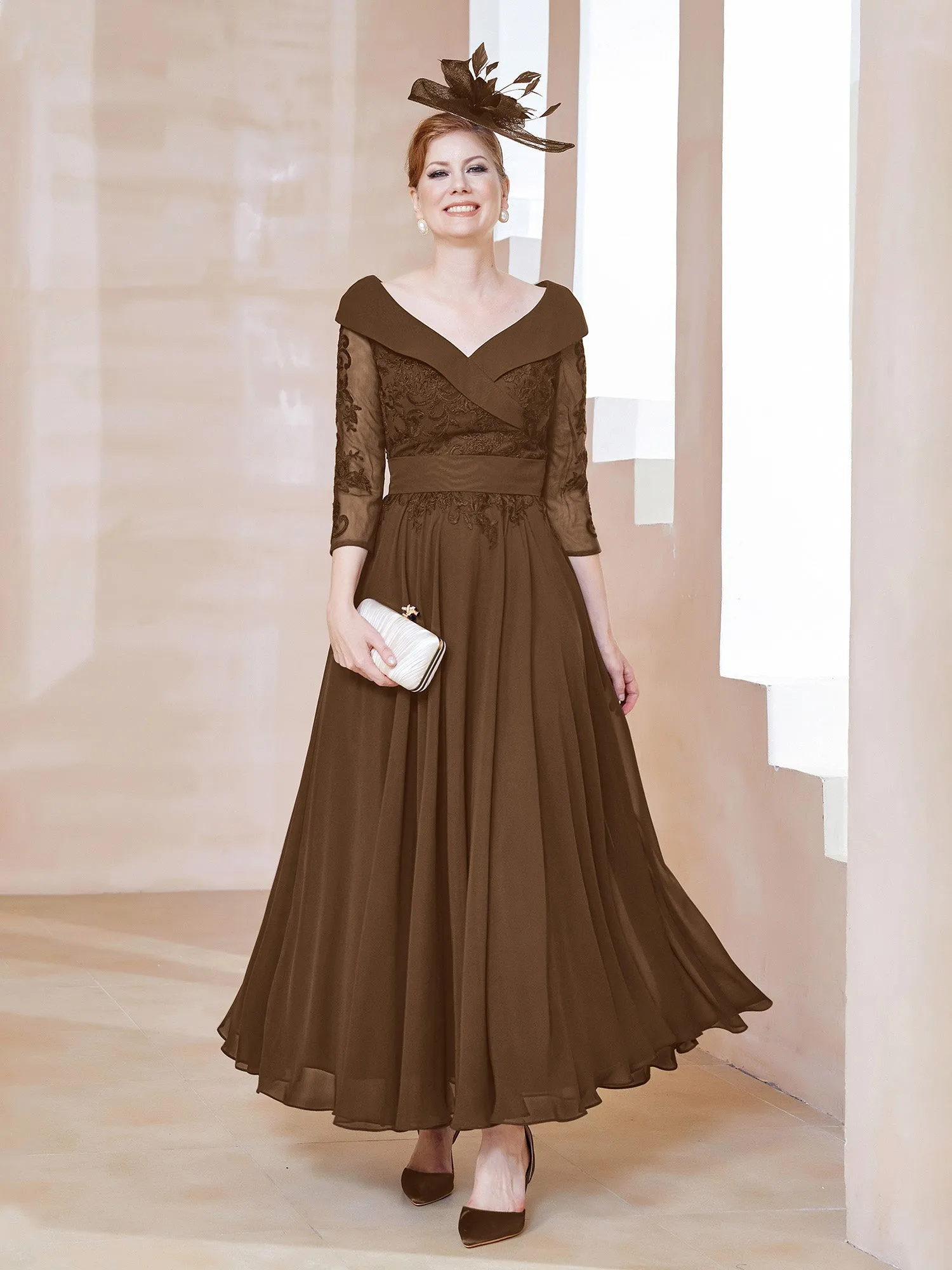 A-line V-neck Appliqued Chiffon Dress Brown