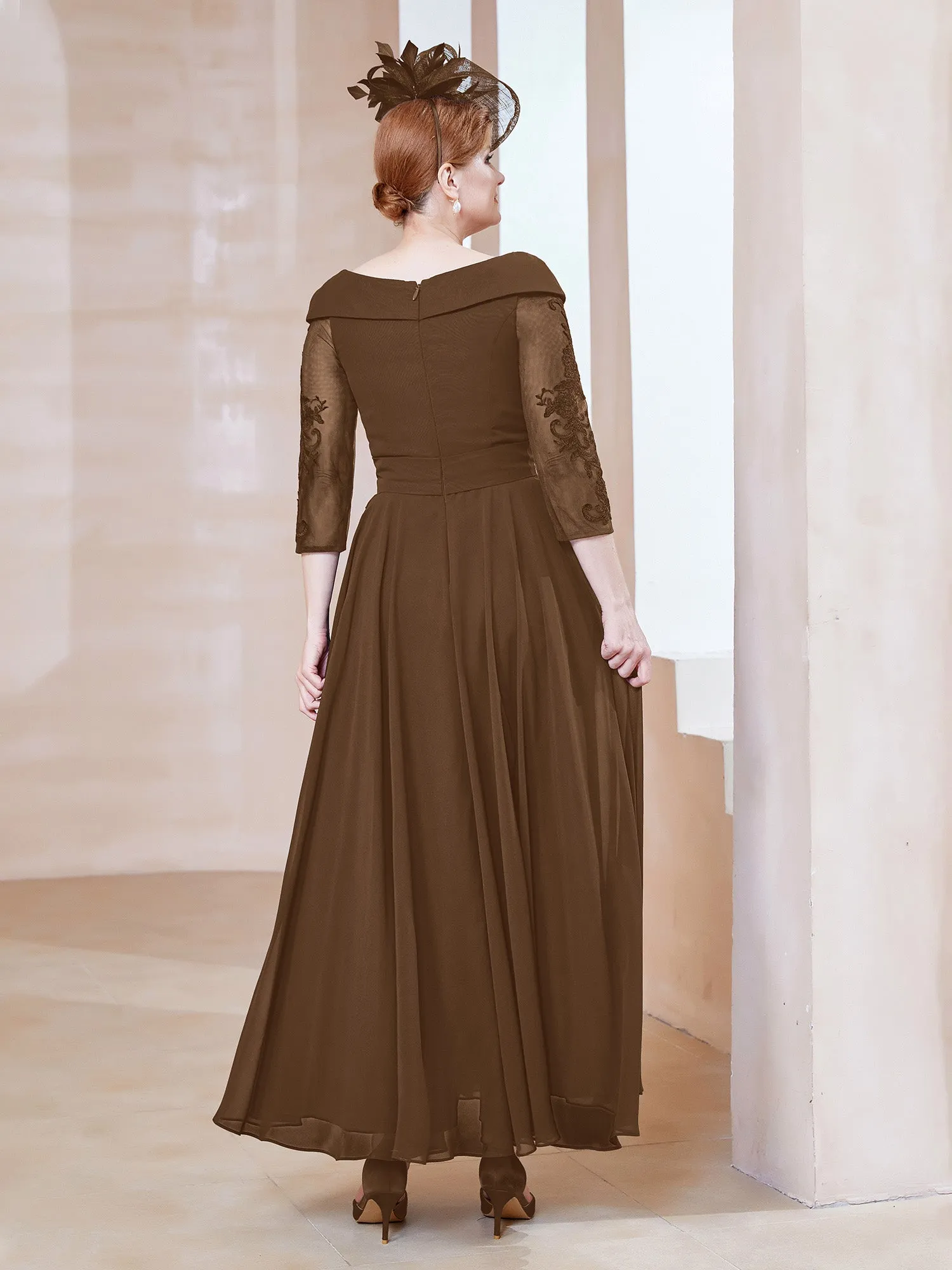 A-line V-neck Appliqued Chiffon Dress Brown