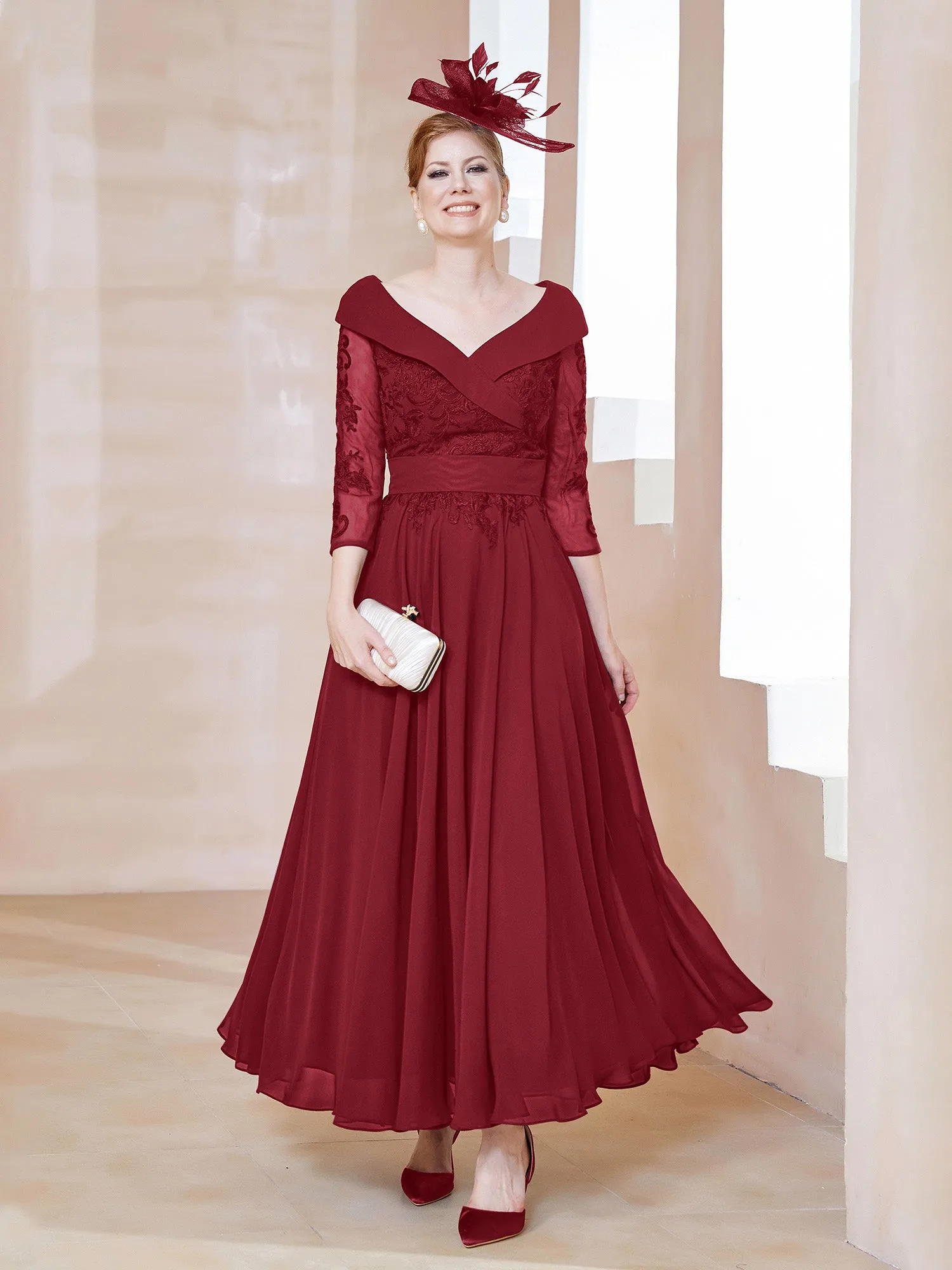 A-line V-neck Appliqued Chiffon Dress Burgundy