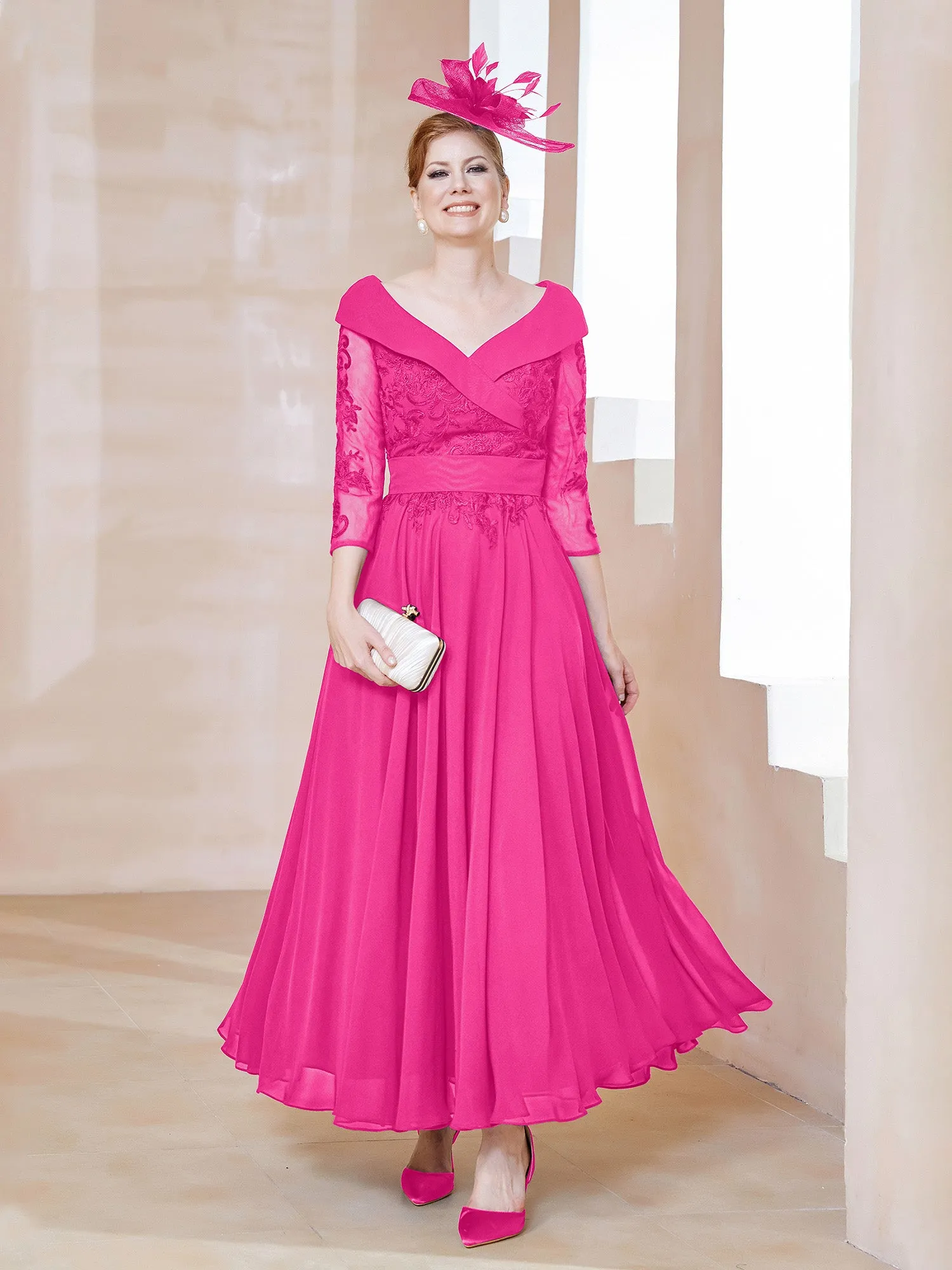 A-line V-neck Appliqued Chiffon Dress Fuchsia