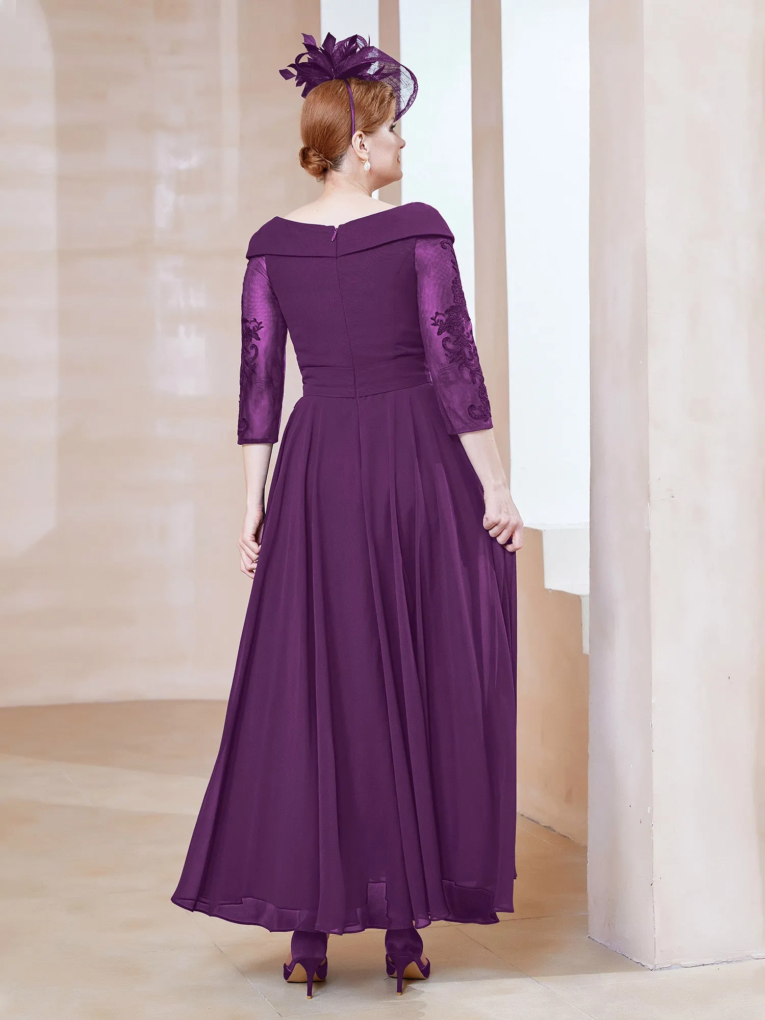 A-line V-neck Appliqued Chiffon Dress Grape