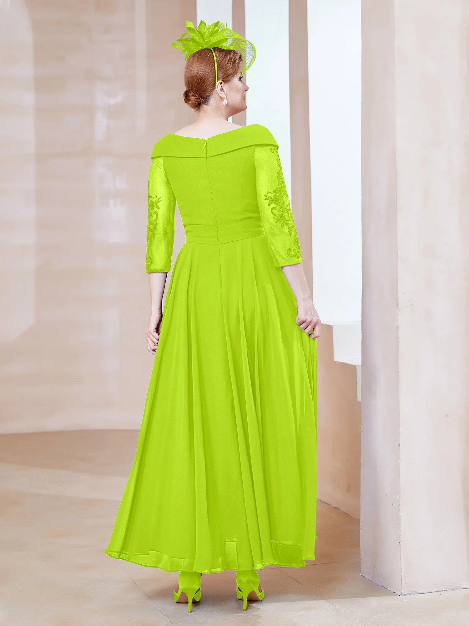 A-line V-neck Appliqued Chiffon Dress Lime Green