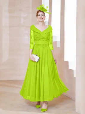 A-line V-neck Appliqued Chiffon Dress Lime Green