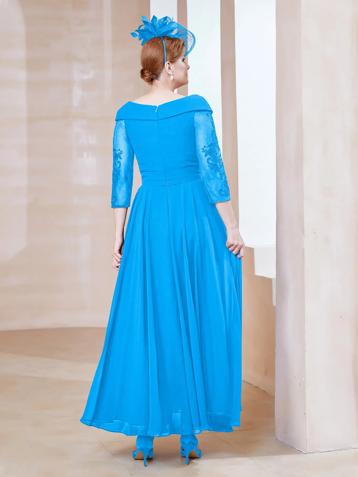 A-line V-neck Appliqued Chiffon Dress Ocean Blue