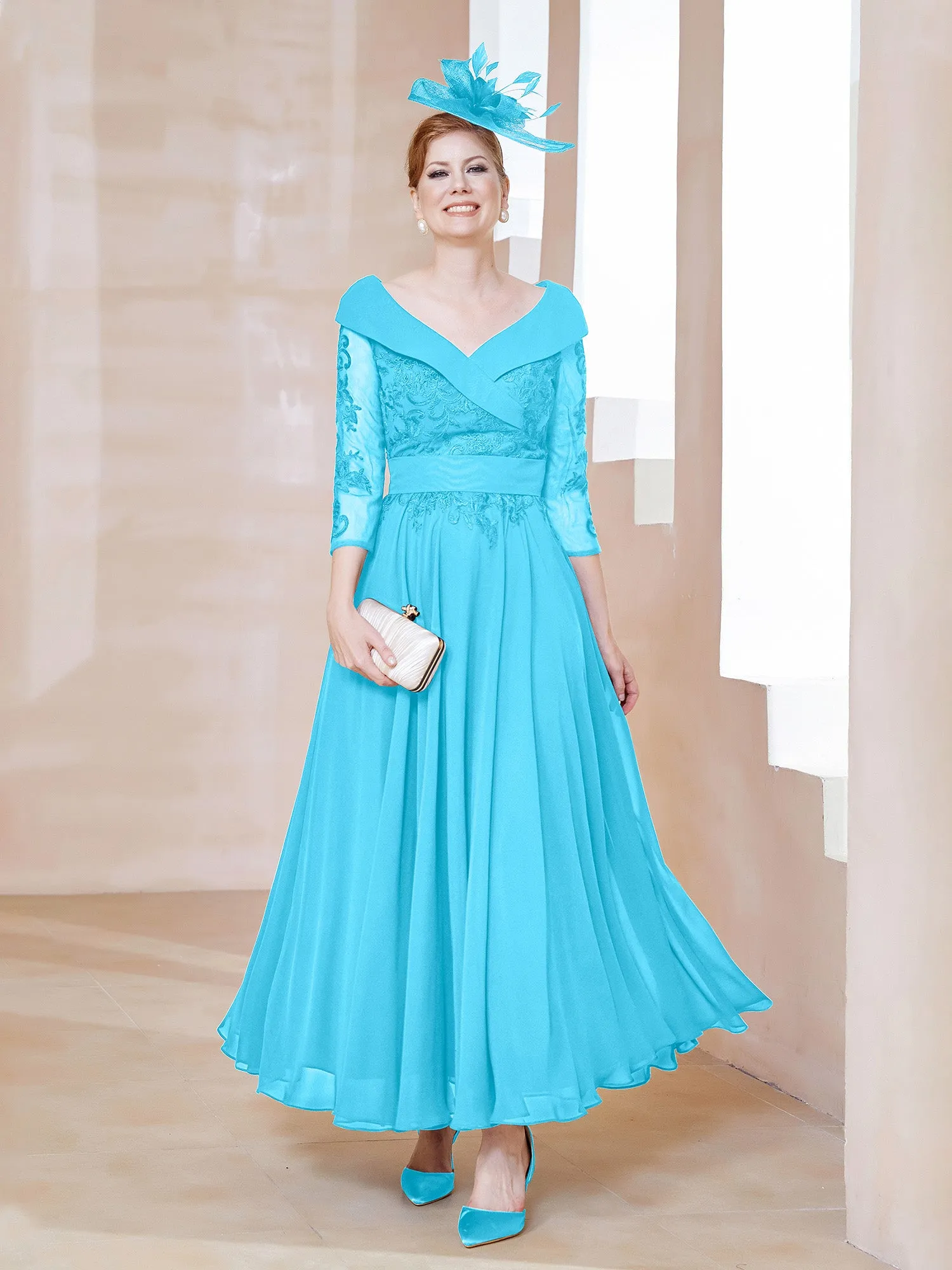 A-line V-neck Appliqued Chiffon Dress Pool