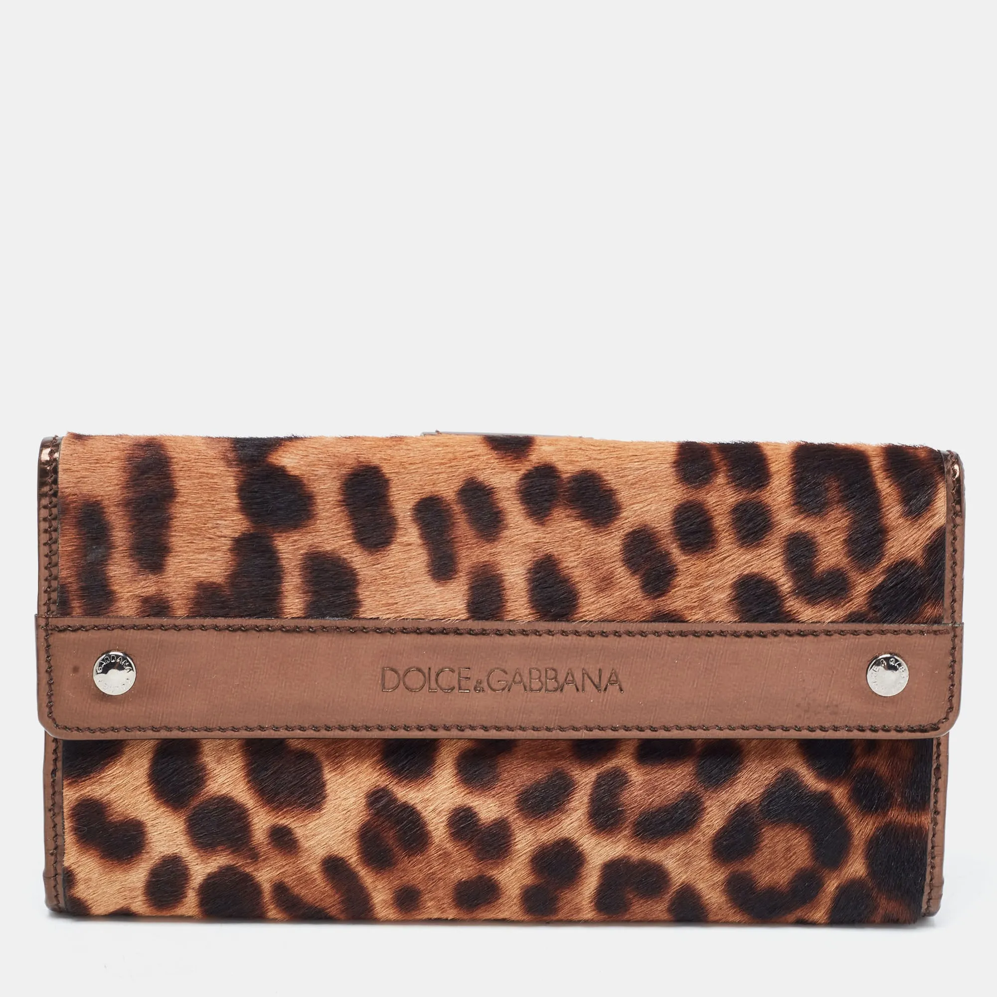 Brown Leopard Print Calfhair and Patent Leather Continental Wallet