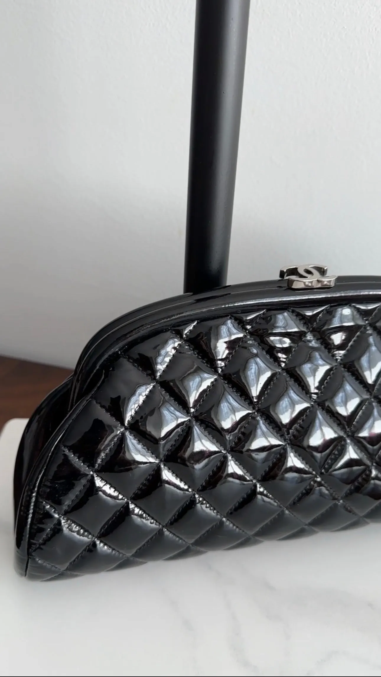 Chanel Black Patent Leather Timeless Quilted Clutch Bag