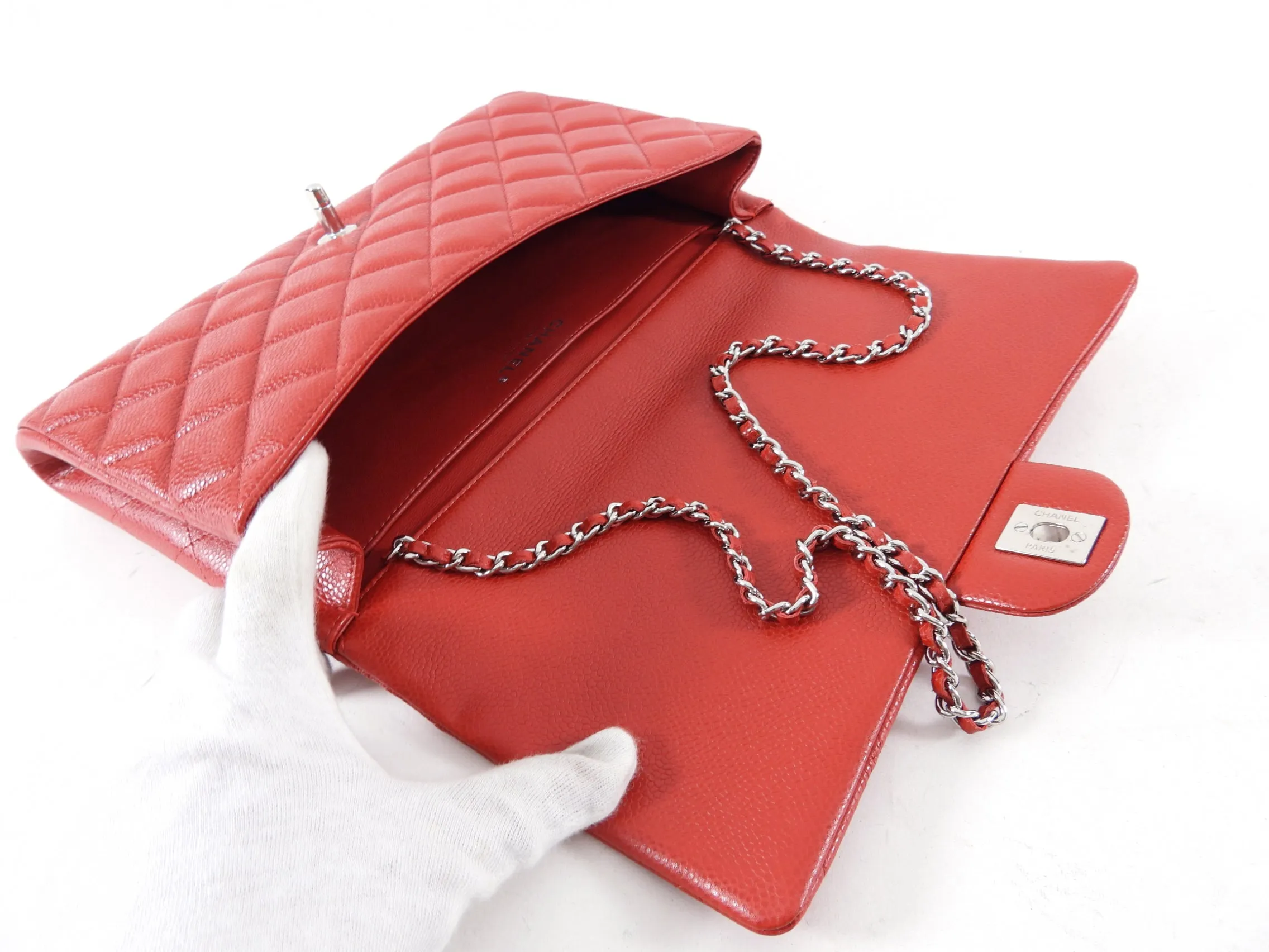 Chanel Red Caviar Leather Quilted Classic Timeless Chain Flap Bag