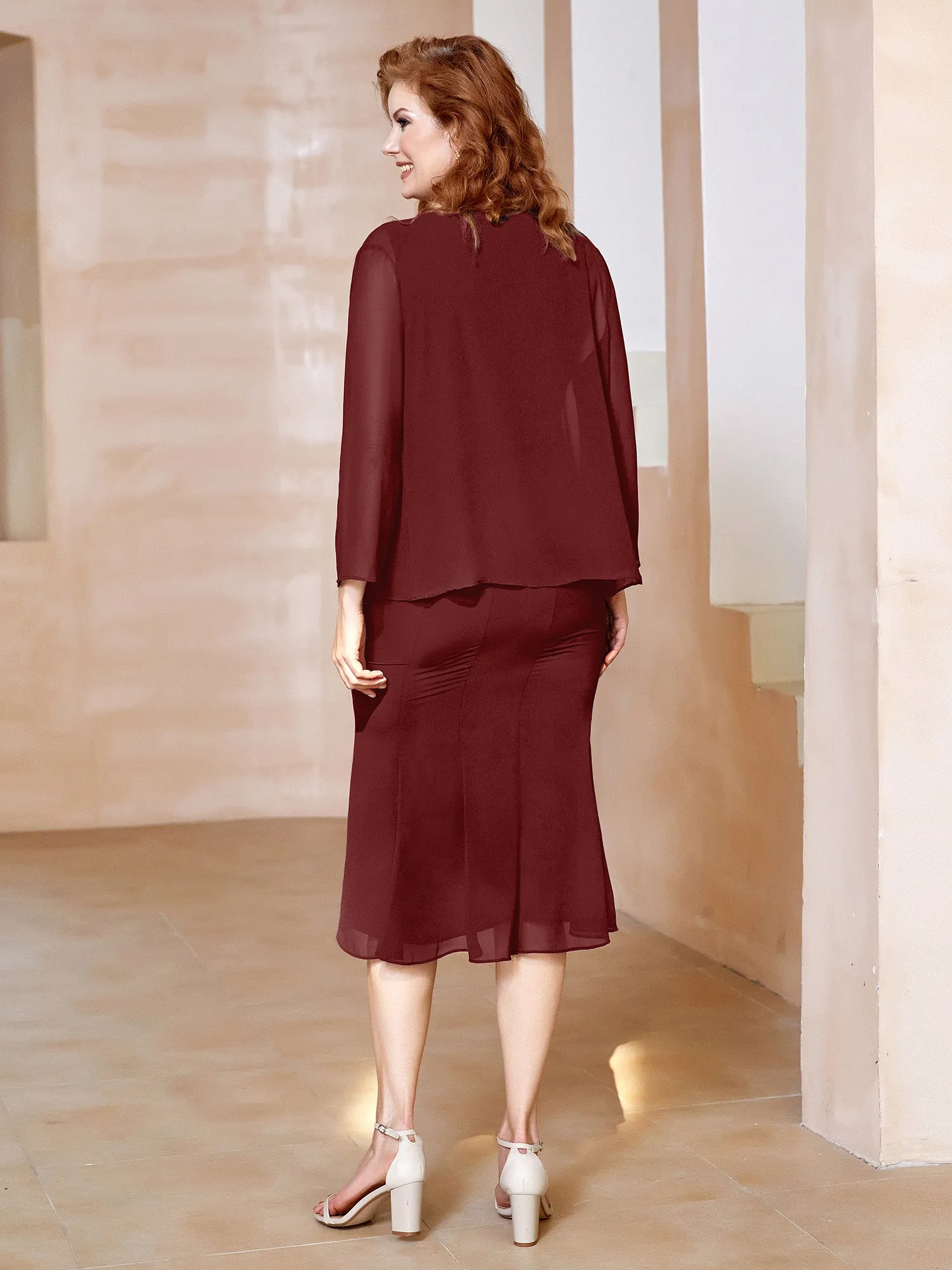 Chiffon Beaded Tea-length Dress with Jacket Burgundy