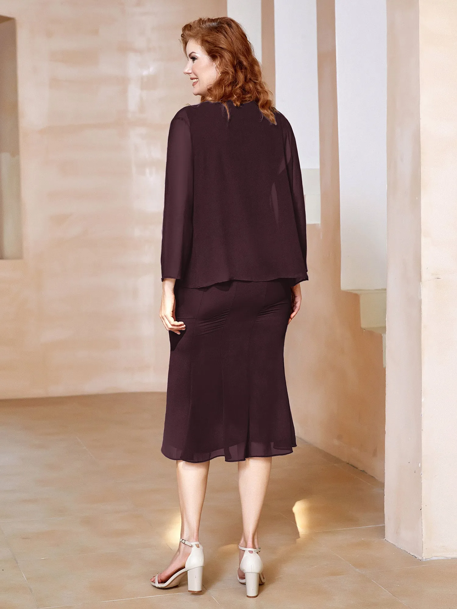 Chiffon Beaded Tea-length Dress with Jacket Cabernet