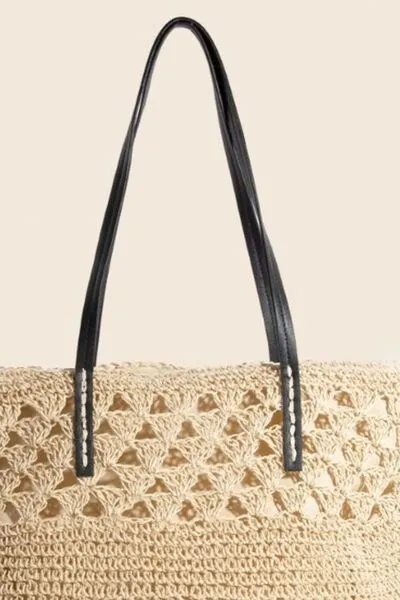 Faux Leather Handle Knitted Tote Bag