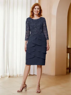 Lace Sheath Ruffles Long Sleeves Dress Dark Navy