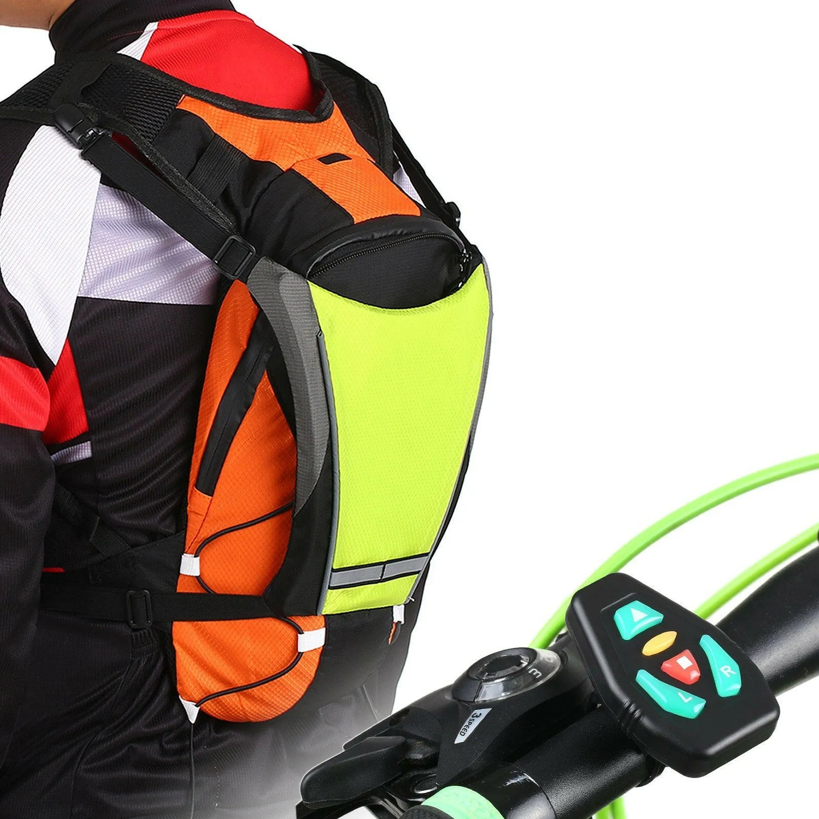 LED Turn Signal Bike Pack USB Rechargeable Reflective Backpack Attachment Clip with Remote Control LED Backpack with Direction Indicator Safety Light Bag Sports Vest for Cycling Running Walking Jogging