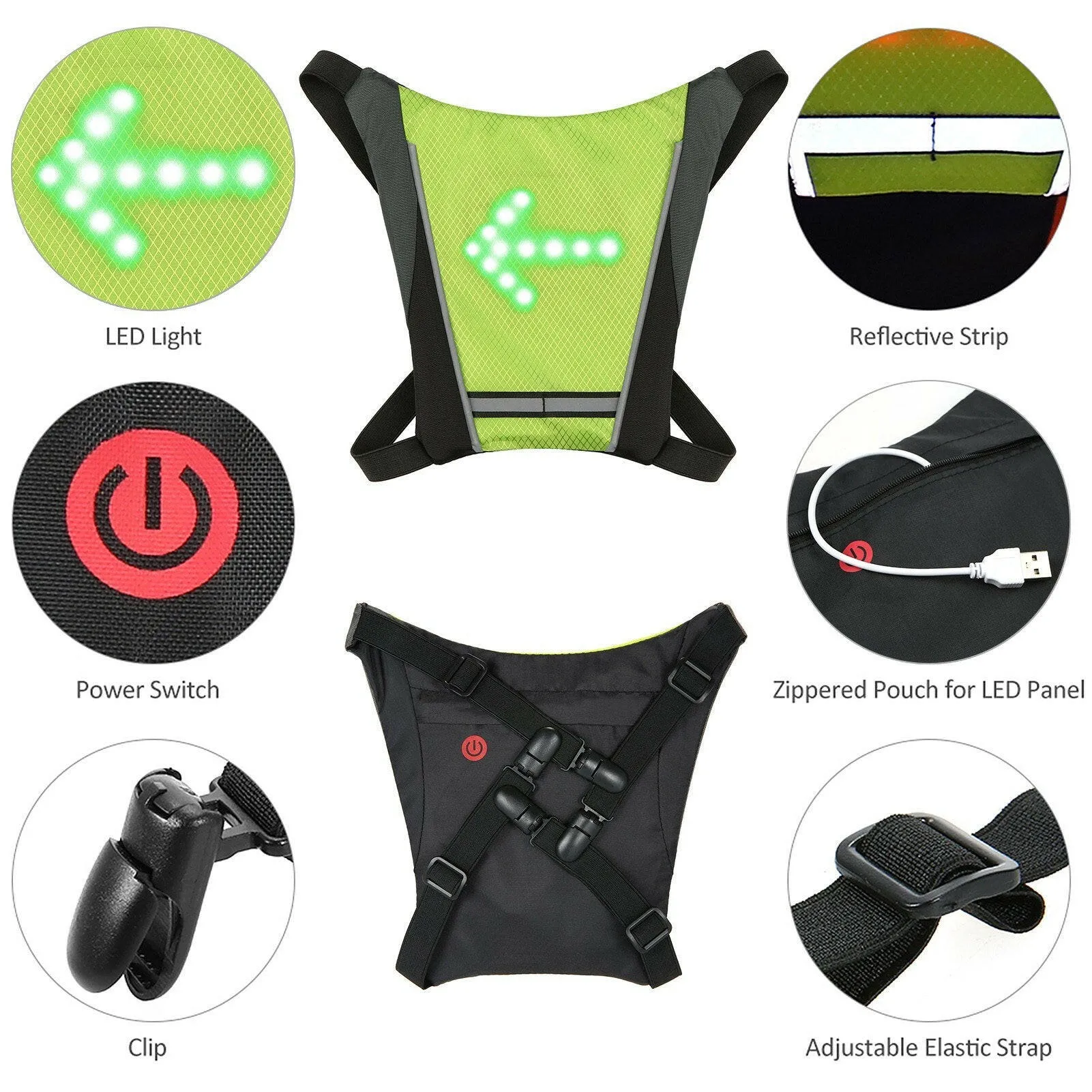 LED Turn Signal Bike Pack USB Rechargeable Reflective Backpack Attachment Clip with Remote Control LED Backpack with Direction Indicator Safety Light Bag Sports Vest for Cycling Running Walking Jogging