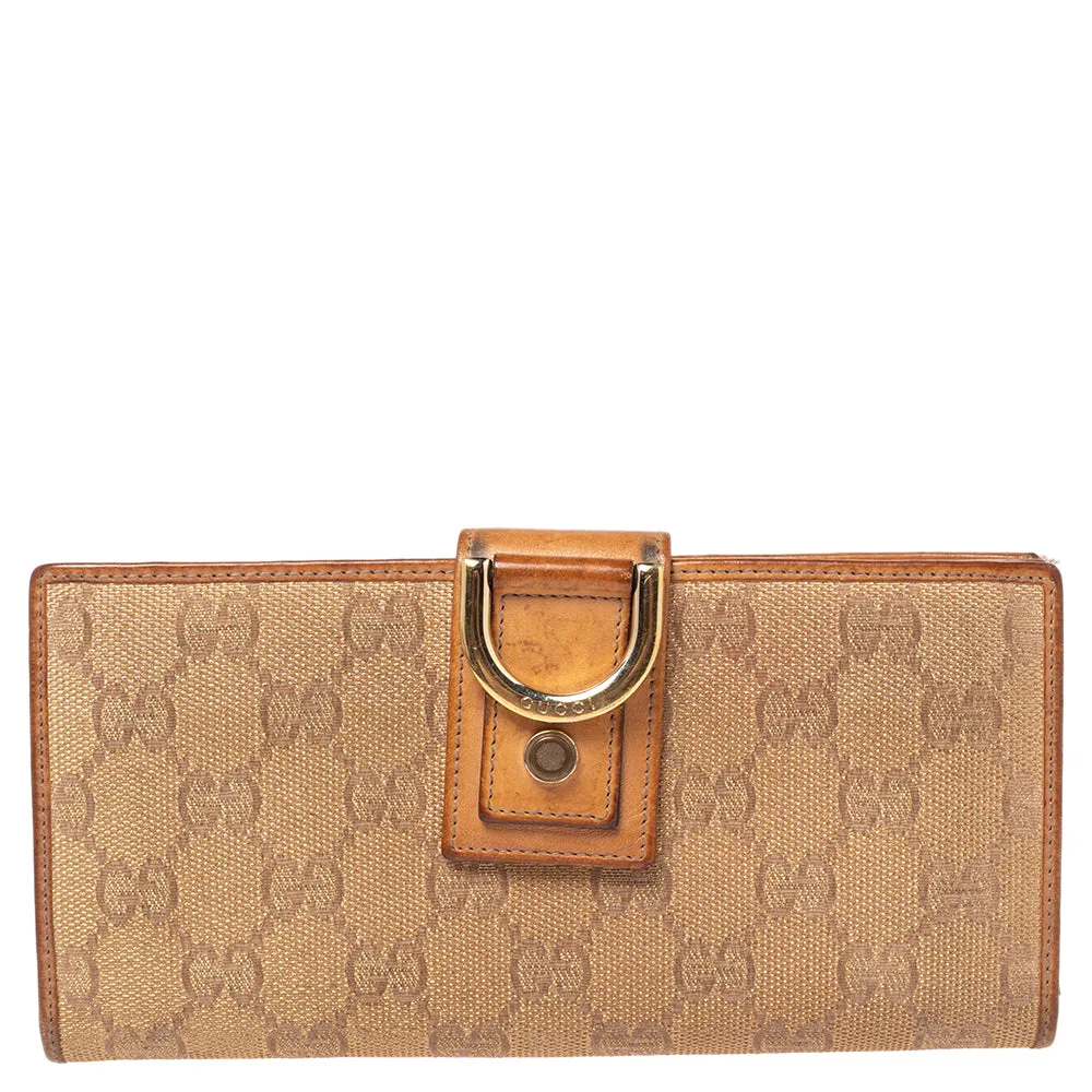 Metallic Beige GG Canvas and Leather D Ring Continental Wallet