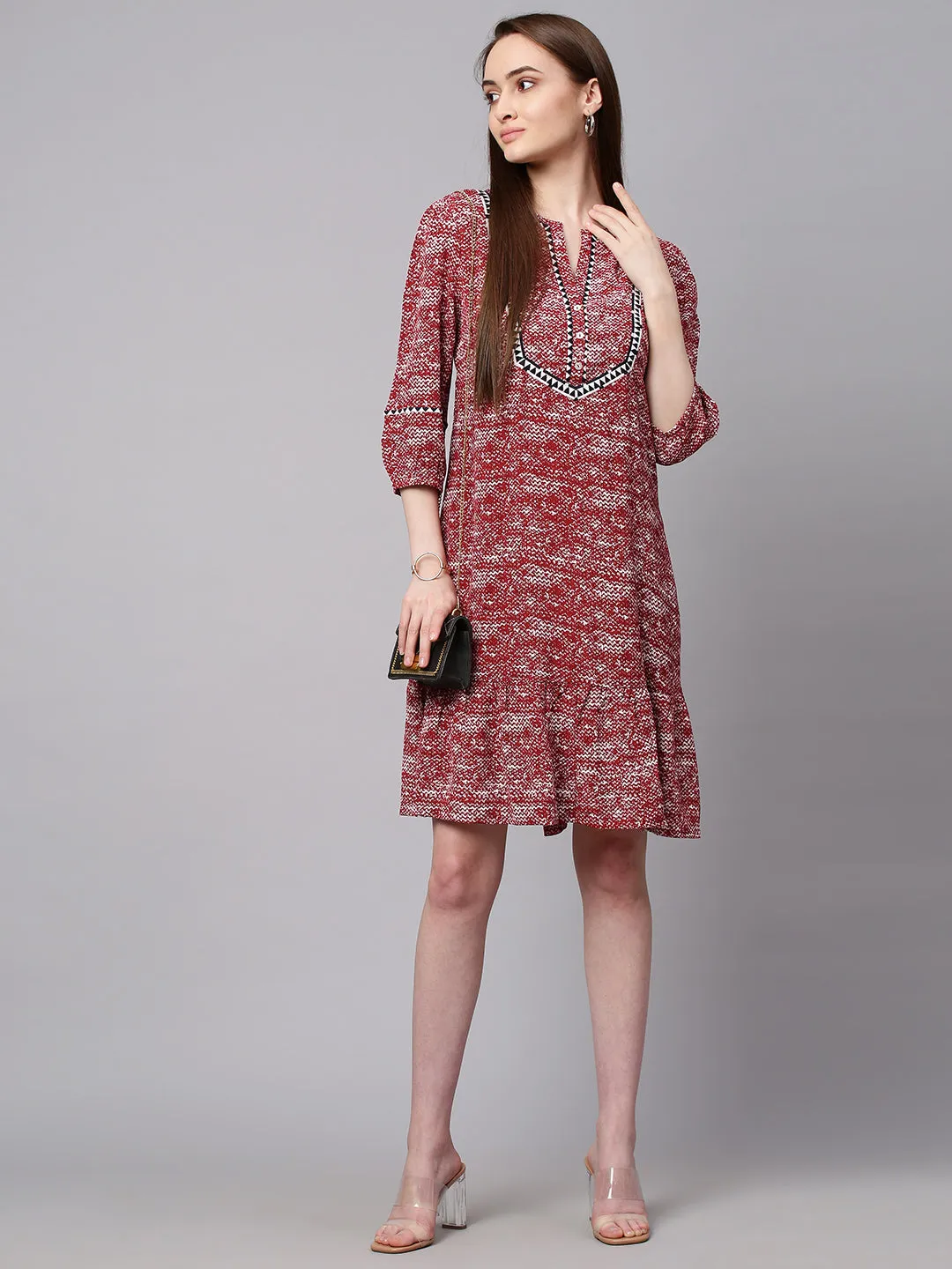 Red Embroidered Viscose Crepe Dress