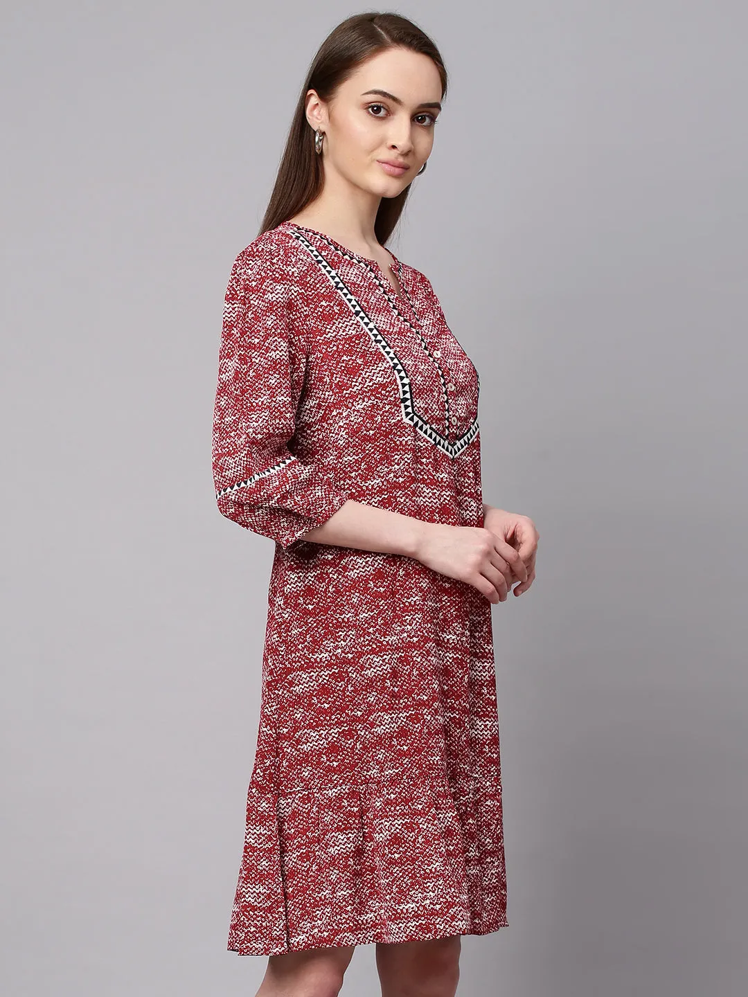 Red Embroidered Viscose Crepe Dress