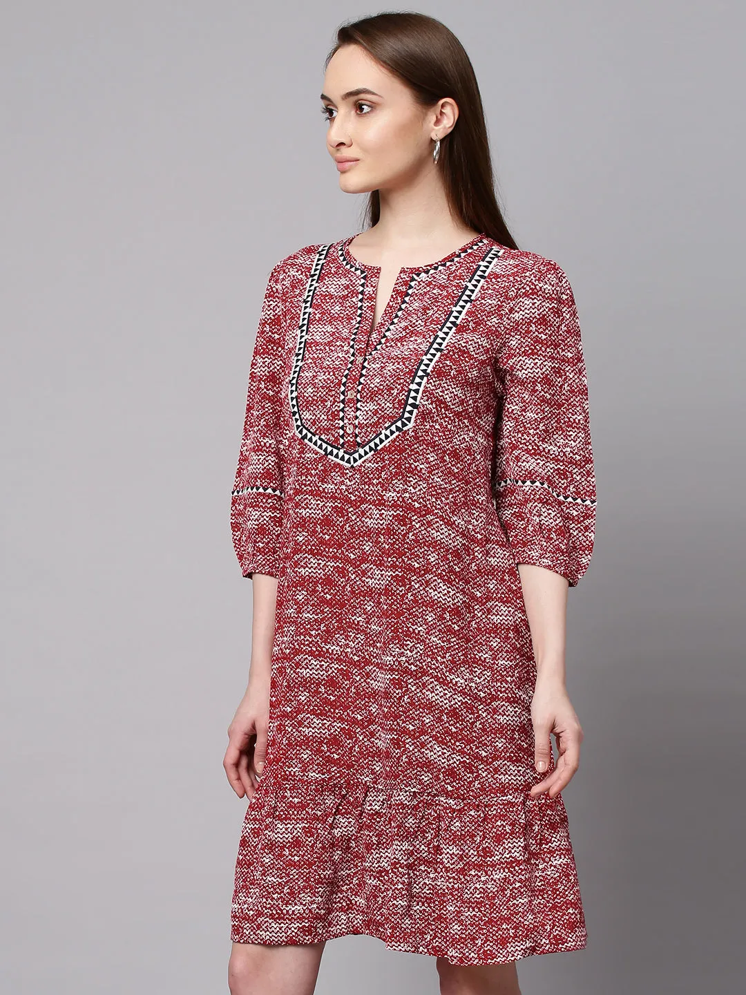 Red Embroidered Viscose Crepe Dress