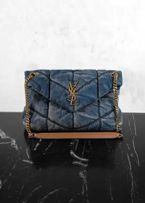 Saint Laurent Denim Quilted Blue Cinnamon Small Loulou Puffer Monogram Chain Satchel