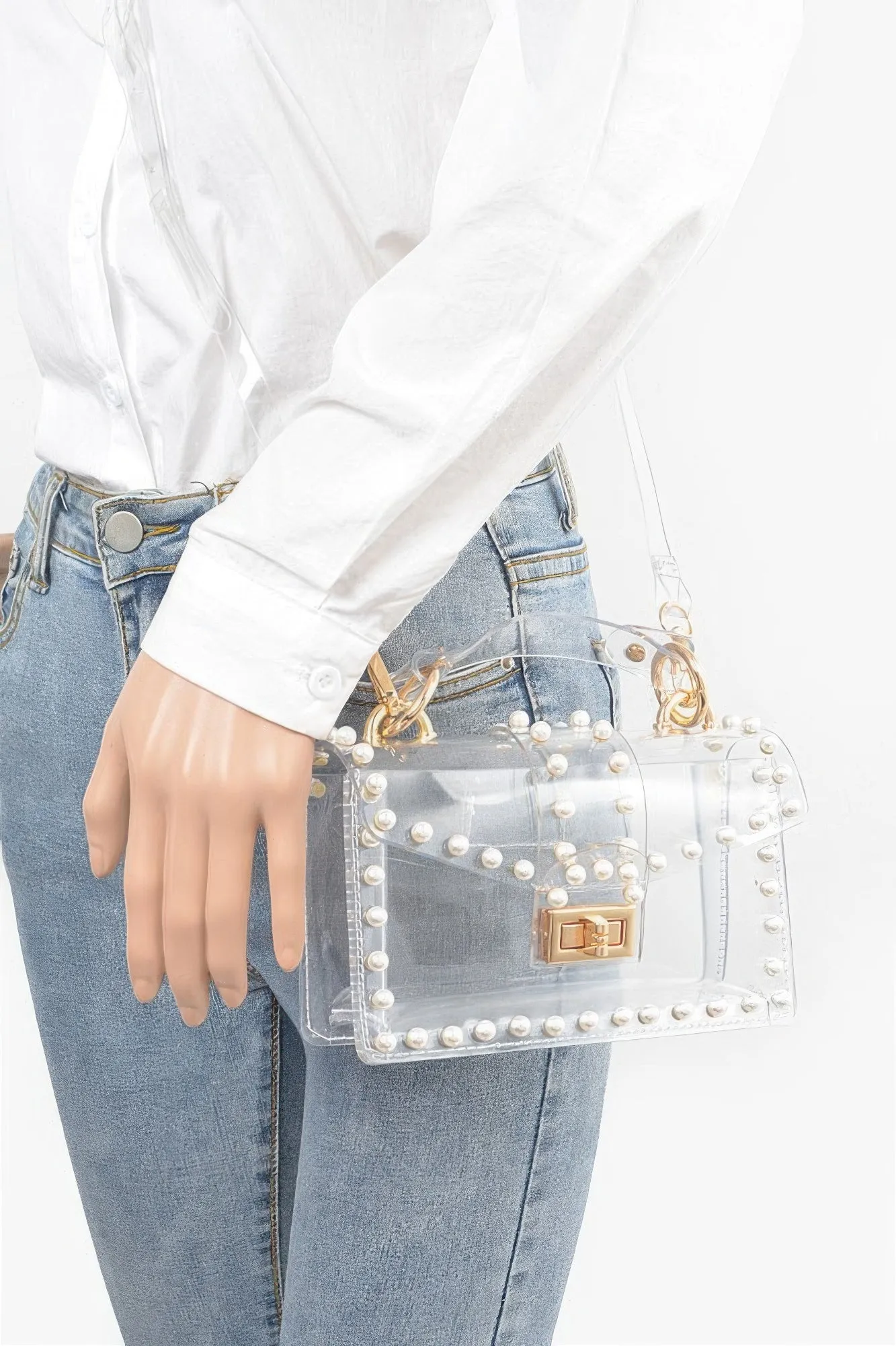 Transparent Single Handle Clutch W/faux Pearl